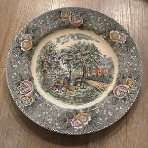 RARE ADAMS ENGLAND AMERICAN HOMESTEAD - AUTUMN DINNER PLATE N. CURRIER COLORED